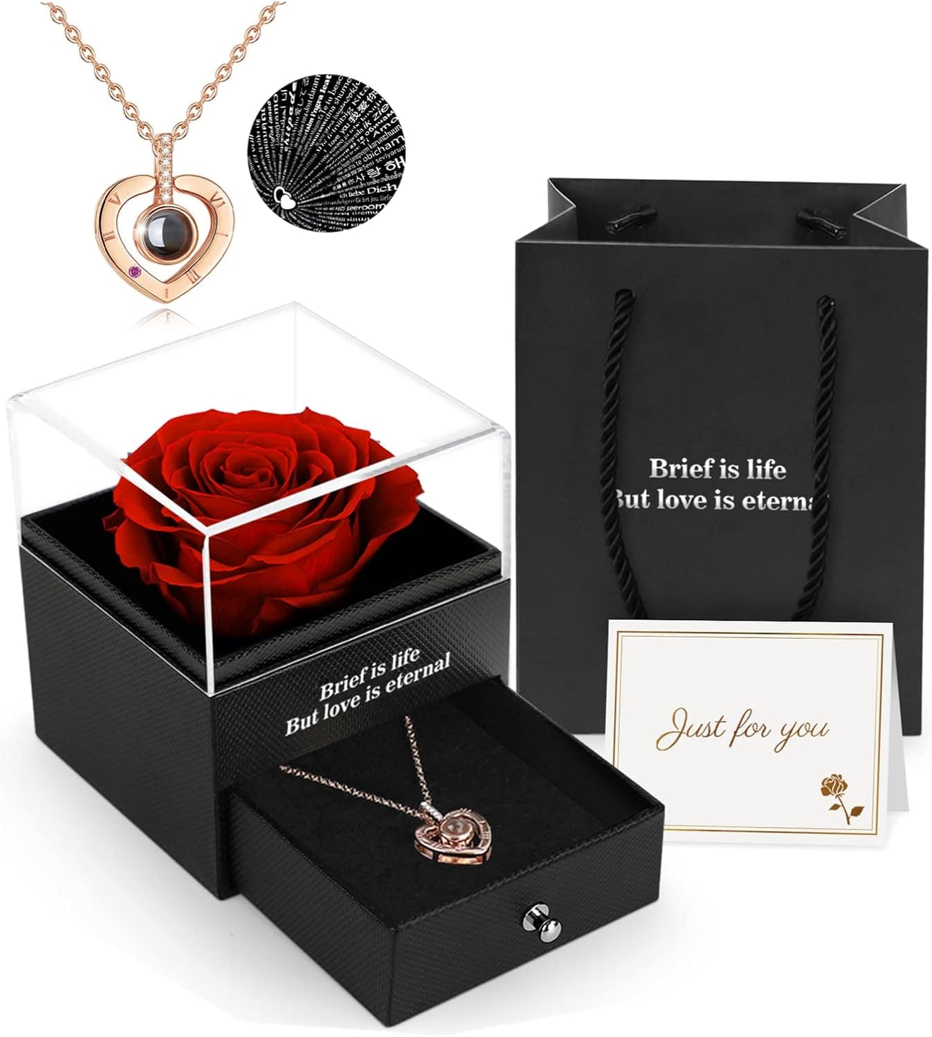 Preserved Real Rose,Gift Box With I Love You Necklace - slide 1 - unique gift idea