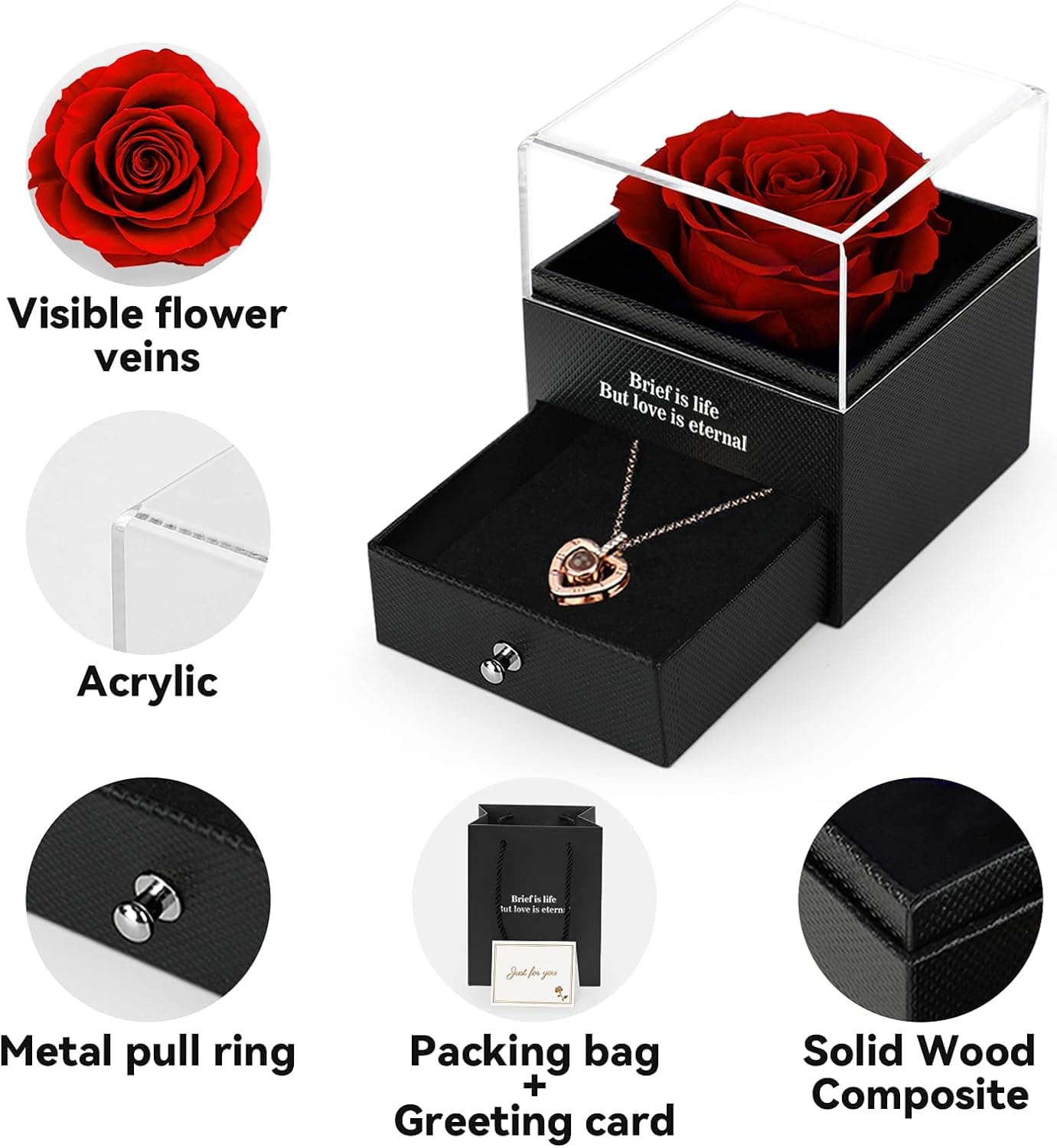 Preserved Real Rose,Gift Box With I Love You Necklace - slide 3 - unique gift idea